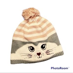 Child’s Pink & Gray Kitten Hat with Pink Pom Pom
